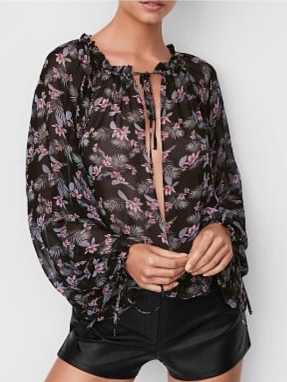 Sheer Black Floral Tie-Neck Blouse - Pink & Lavender Floral Size S